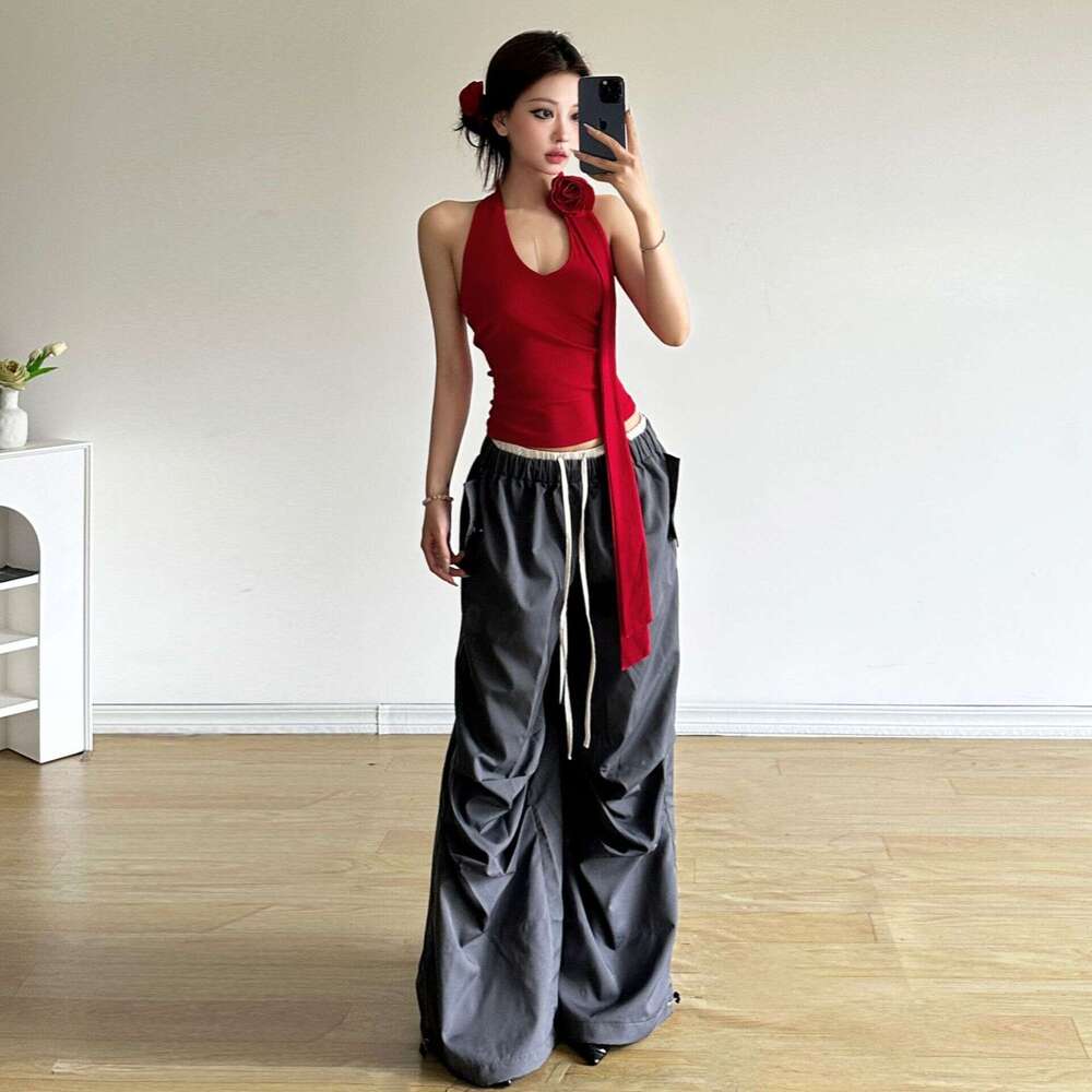 2024 Summer New Women's Solid Color Halter Neck Tank Top High Waist Loose Long Pants Set 569