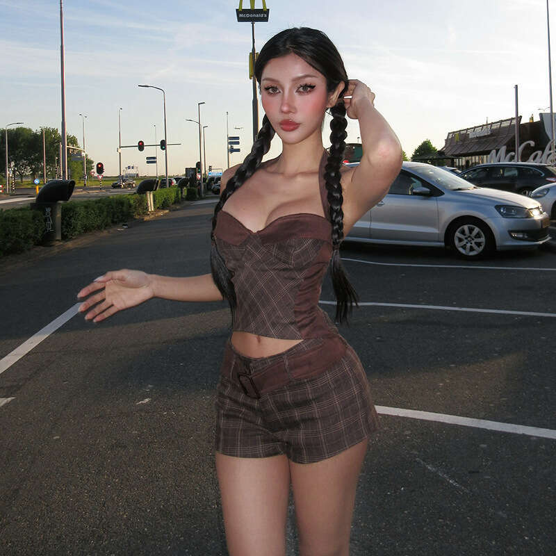 2025 Summer New Style Hot Girl Sexy Houndstooth Halter Neck Tank Top Bodycon Shorts 718