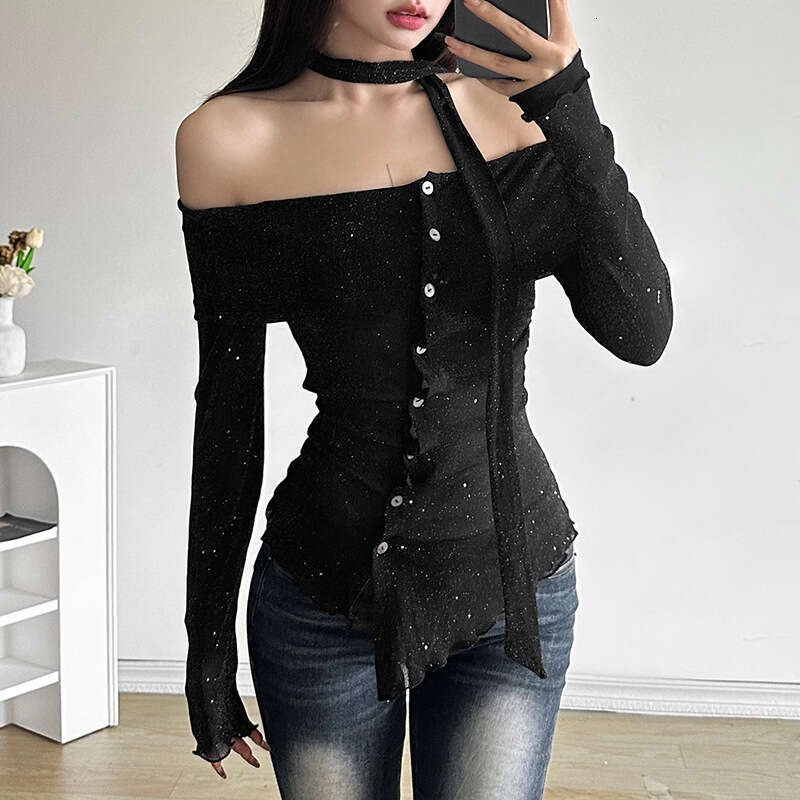 2024 Autumn New Women's Solid Color Slim Street Fashion Off-Shoulder Long Sleeve Backless Top d3b