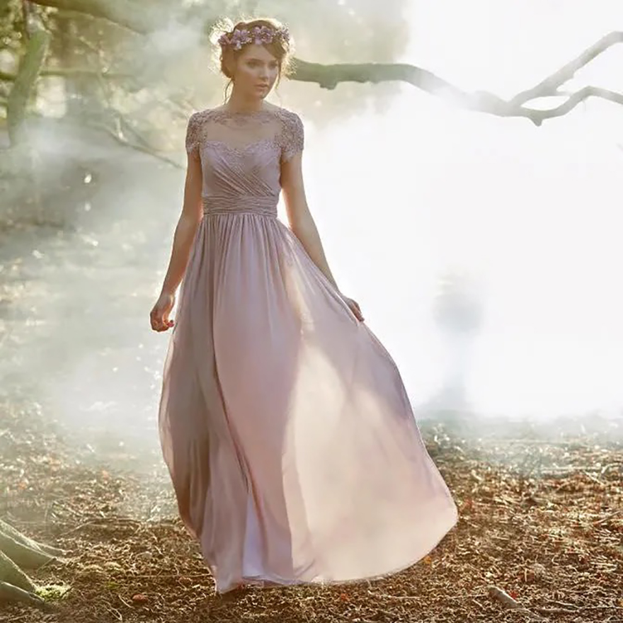 Dusty Pink Long Bridesmaid Dresses Pleated Chiffon Short Sleeves Boho Maid of Honor Gowns Wedding Guest Dresses