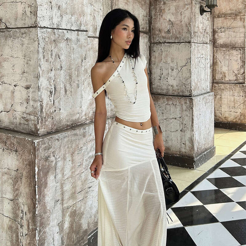 2025 Summer New Sexy Off-Shoulder Crop Top High-Waisted Mesh Patchwork Long Skirt Set for Women 951