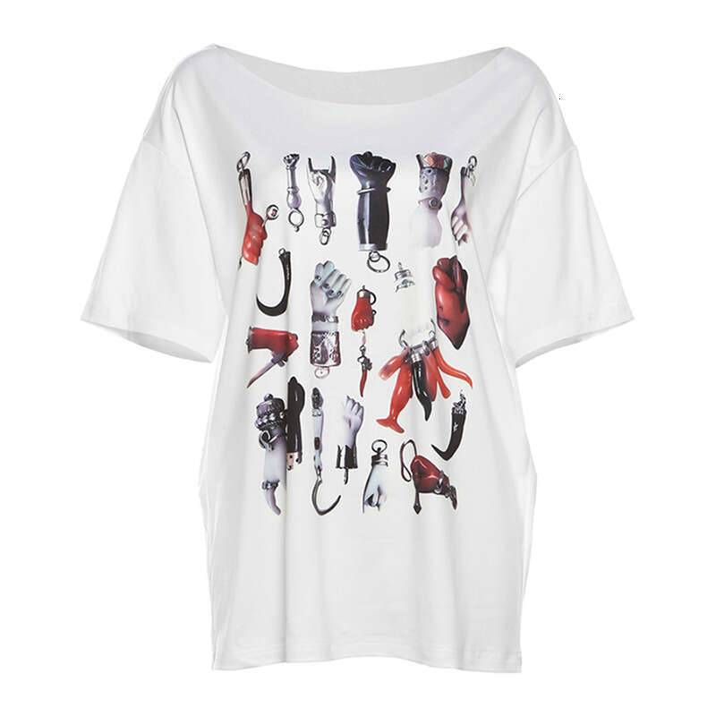 2024 Summer New Women's Solid Color Loose Street Fashion Asymmetrical Neck Short Sleeve Mid-Length Top 29b