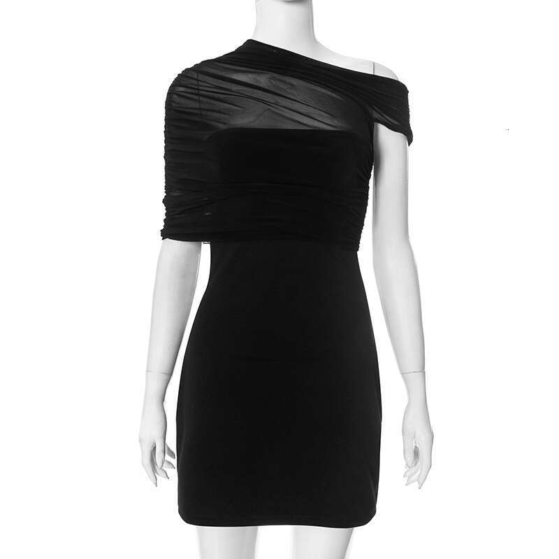 Y25ds028 Women's Spring And Summer New Solid Color Sleeveless One-Shoulder Mesh Spliced Sexy Dress B5