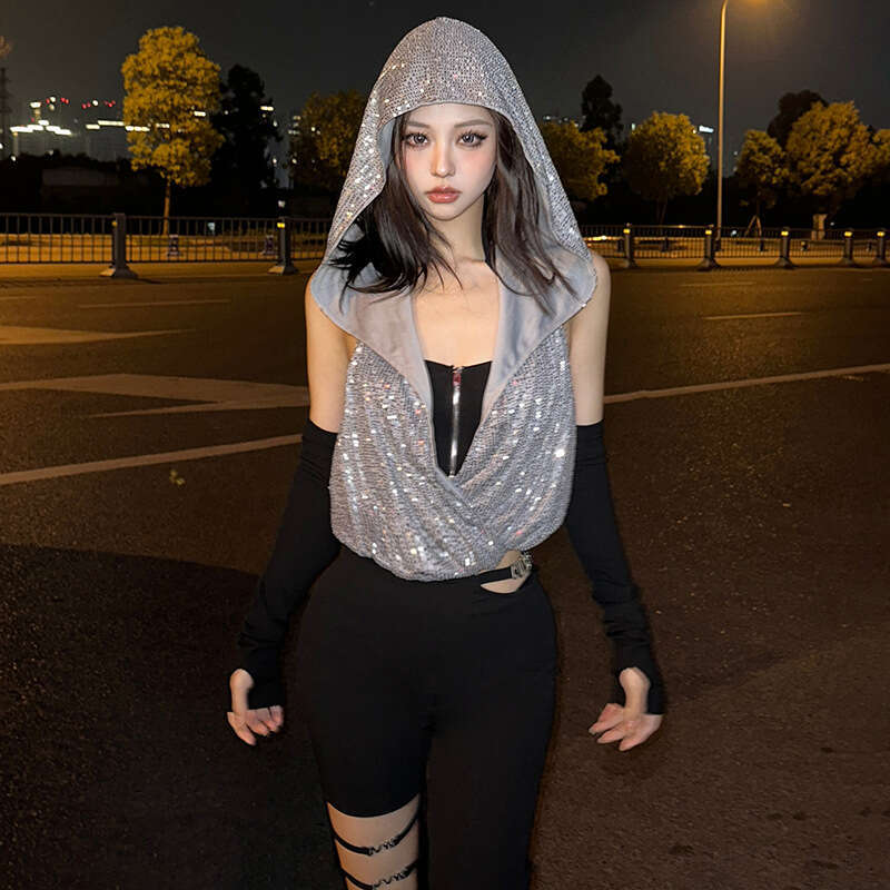 2023 Autumn Winter New Sexy Halter Neck Vest Hooded Sleeveless Cover-Up Two-Piece Set for Women 0de