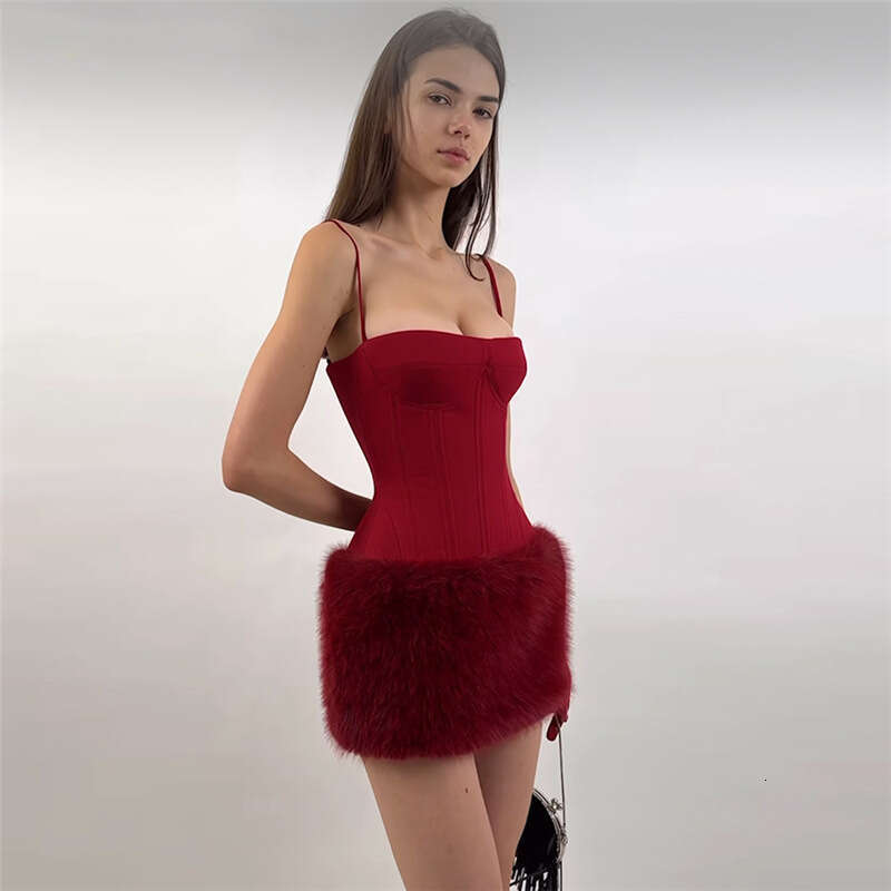 2024 Autumn Winter New Fashion Sexy Strapless Plush Bodycon Dress for Women 782