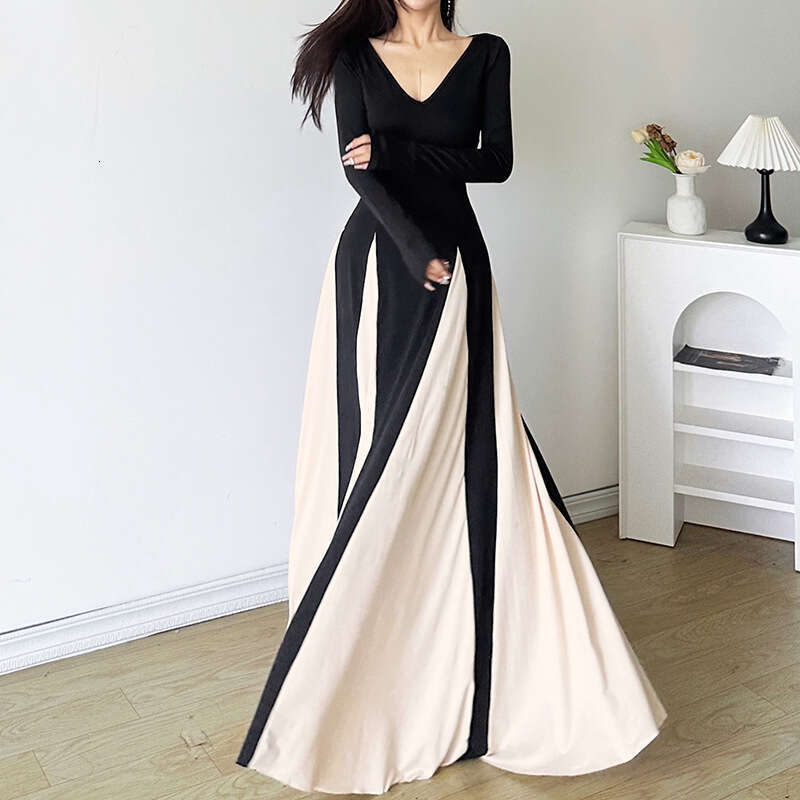 2024 Autumn New Women's Fashion Color-Block V-Neck Slim Fit Patchwork Dress d8f
