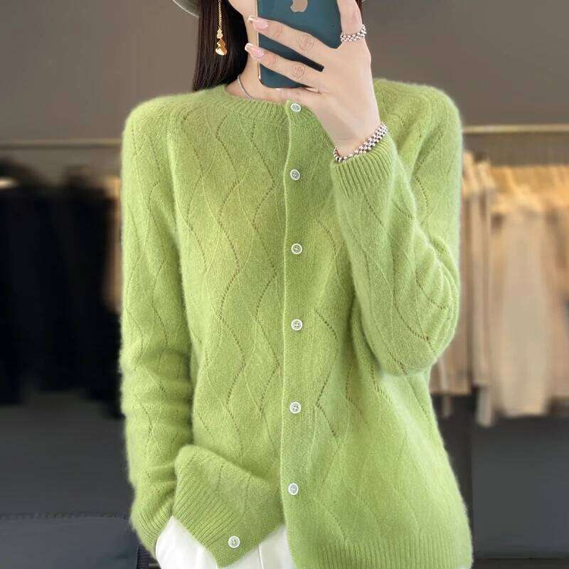 100% Pure Wool Women's Round Neck Cardigan Wave Hollow Cashmere Jacket Thin Knit Loose Versatile Sweater MDNG