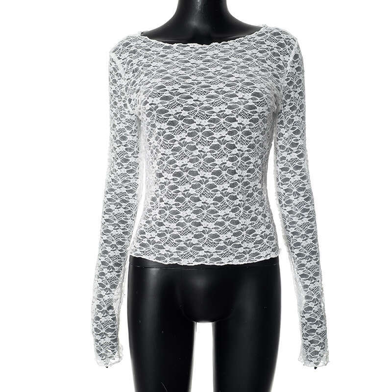 Dtp602 Women's Autumn New Solid Color Round Neck Simple Sexy Lace Long Sleeve Top B5