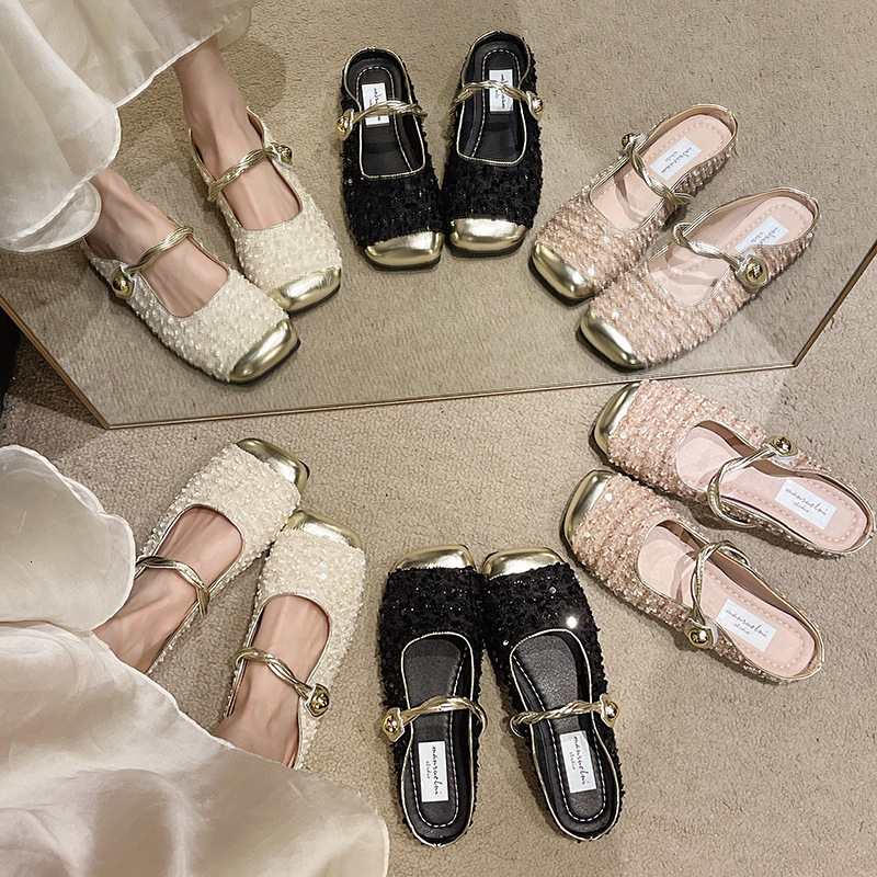 Ddmysports Baotou Mary Jane Sandals For Women Outdoor Wear Summer New French Style Sequins Elegant Matches Skirts Half Slippers Outdoor Shoes