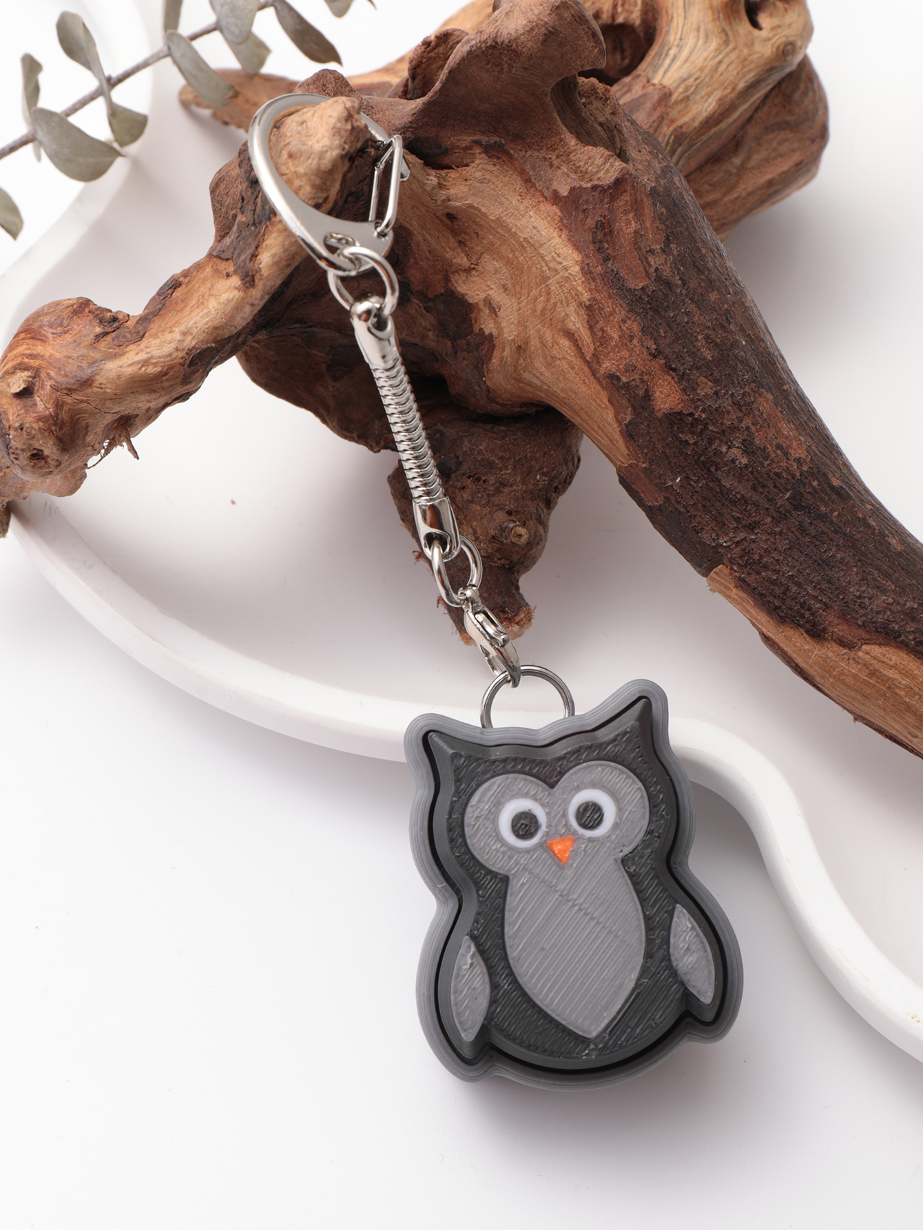 3D printed owl keychain - an adult stress relief toy with a portable anxiety-reducing gadget featuring a clickable keyboard design