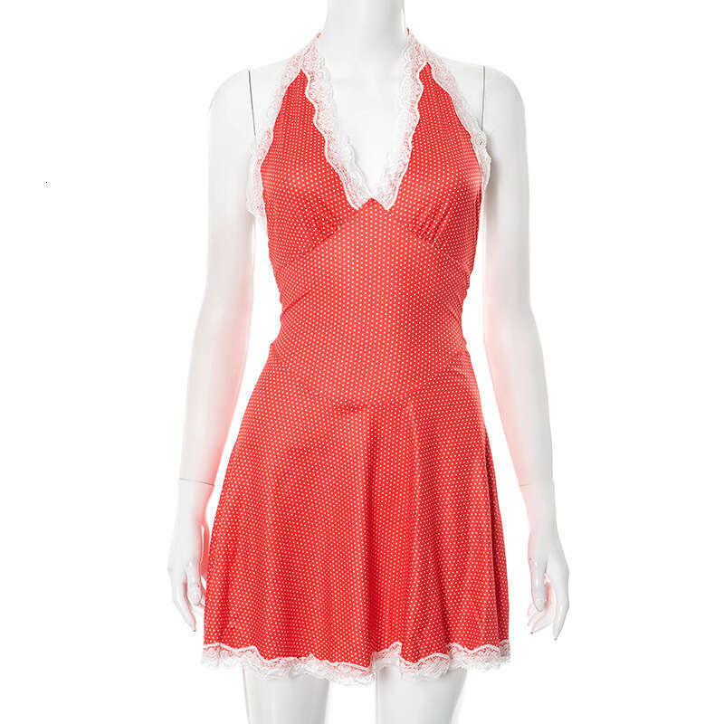 Q25ds010 Women's Spring Summer New V-Neck Lace Halter Backless Slim Waist Sexy Dress B5
