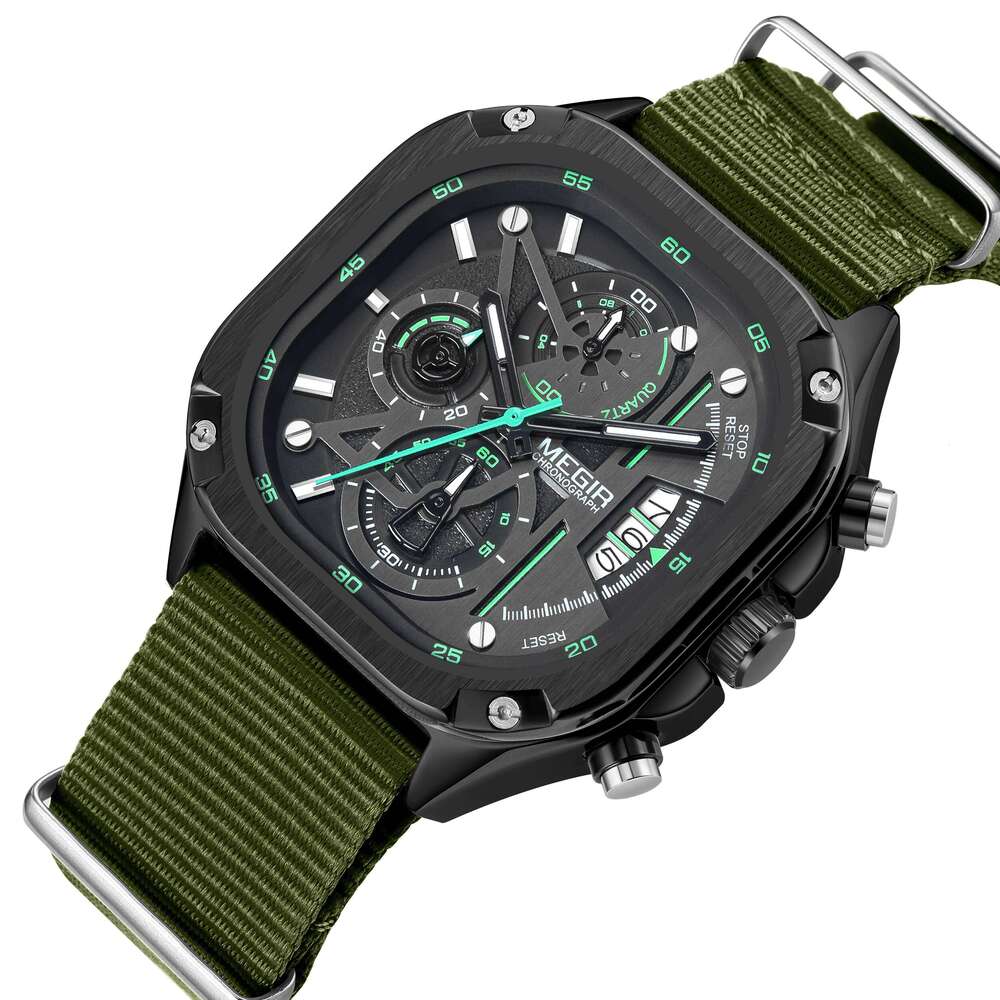 DHwatches MEGIR Men's Square Sports Watch - Chronograph, Luminous, 30M Waterproof, Nylon Strap, Fashion Wristwatch