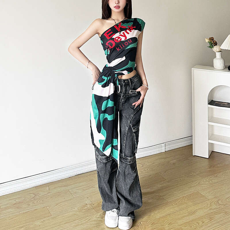 2024 Summer New Women's Solid Color Slim Street Fashion Asymmetrical Neck Single Shoulder Sleeveless Top b22