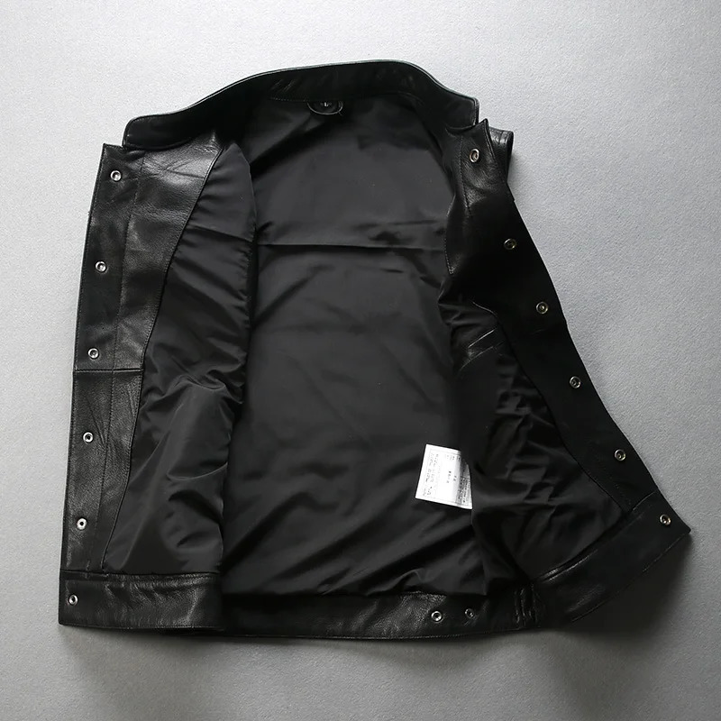 Motorcyclist short Slim undershirt biker men large size vegetable tanned sheepskin vest leather sleeveless coat top 250725