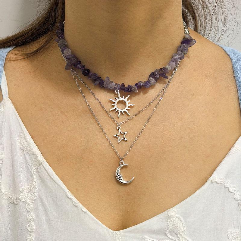 Fashion New Moon Pendant Stone Layered Suower Necklace High-end Simple Jewelry for Women Jewelry for Women