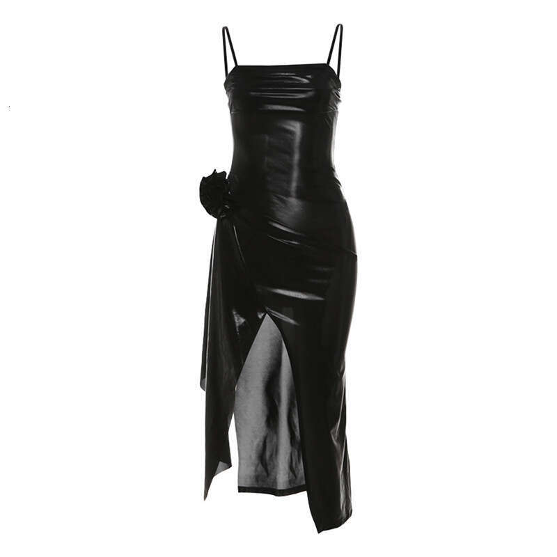 2024 Summer New Women's Solid Color Sexy Strap High Waist Bodycon Slit Dress ce1