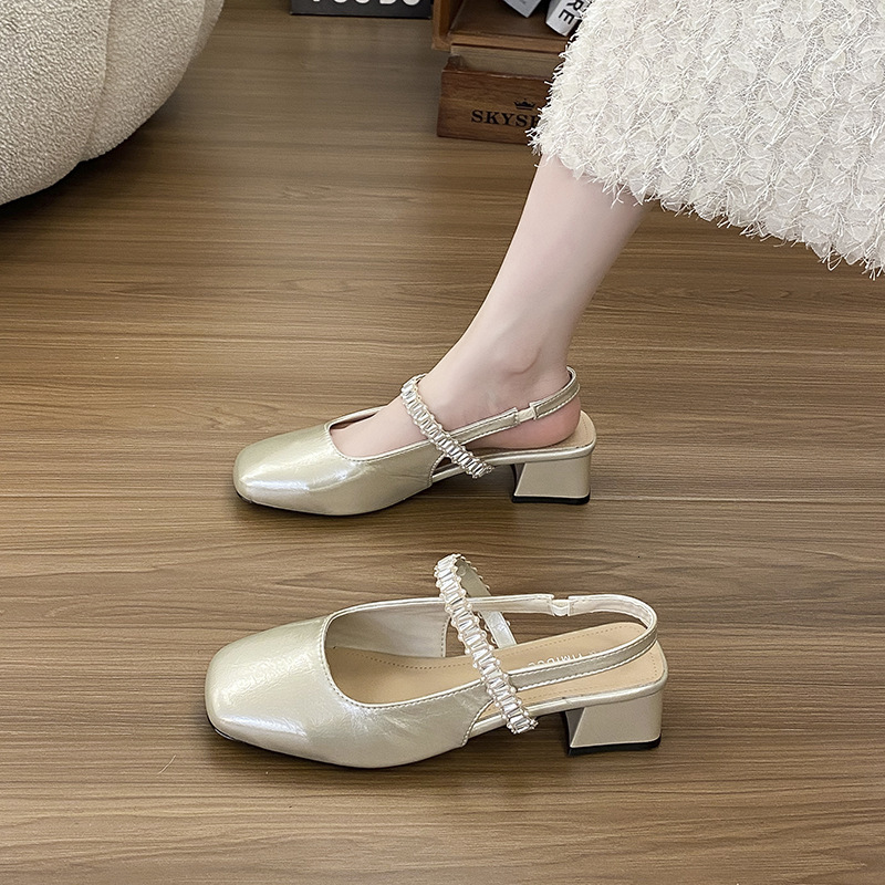 Ddmysports Square Chunky Fashion Single Closed Toe Sandals New Style Backless Shallow Mouth Mid Heel Mary Jane Women Shoes Outdoor Shoes