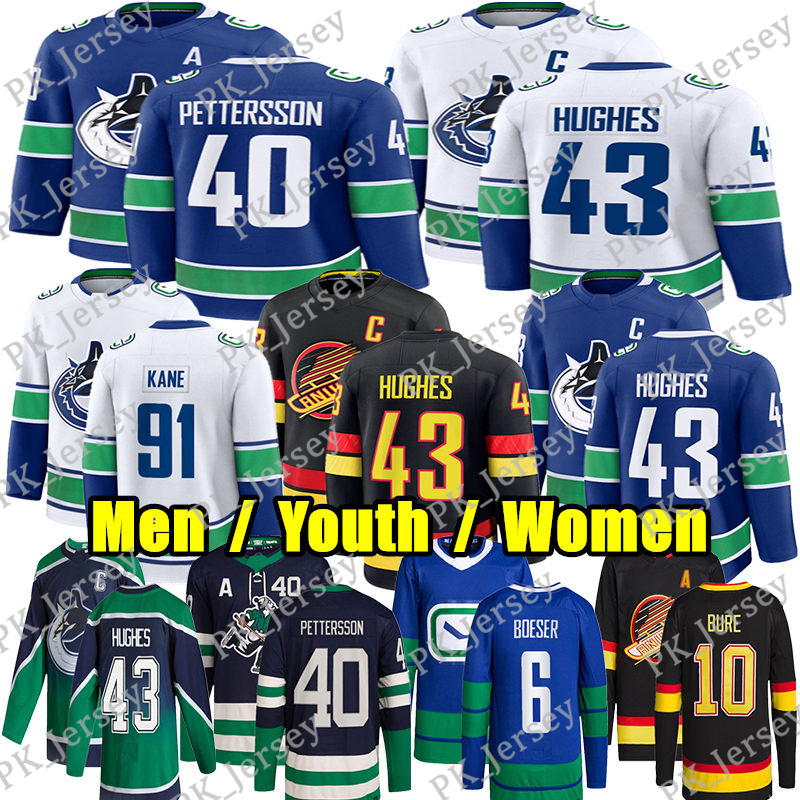 #43 Quinn Hughes hockey Canuck jersey #40 Elias Pettersson Evander Kane Brock Boeser Trevor Linden Jake DeBrusk Thatcher Deo Conor Garland Pavel Bure jerseys