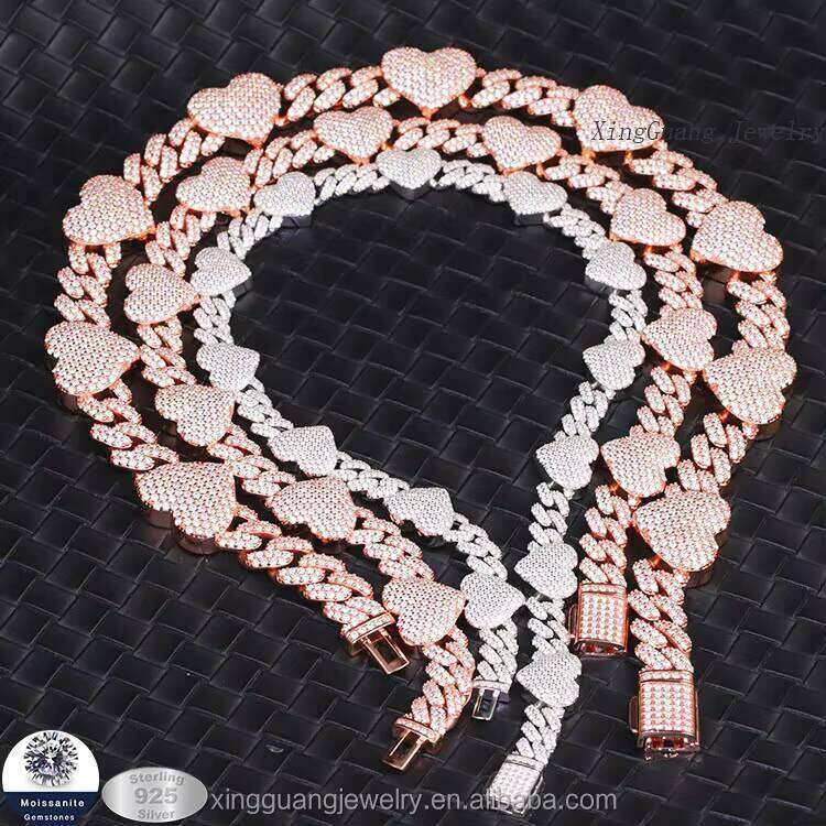 Delivery Within 3 Days 2row Sier White Gold Plated Bracelet VVS Moissanite Heart-Shape Cuban Link Chain Necklace