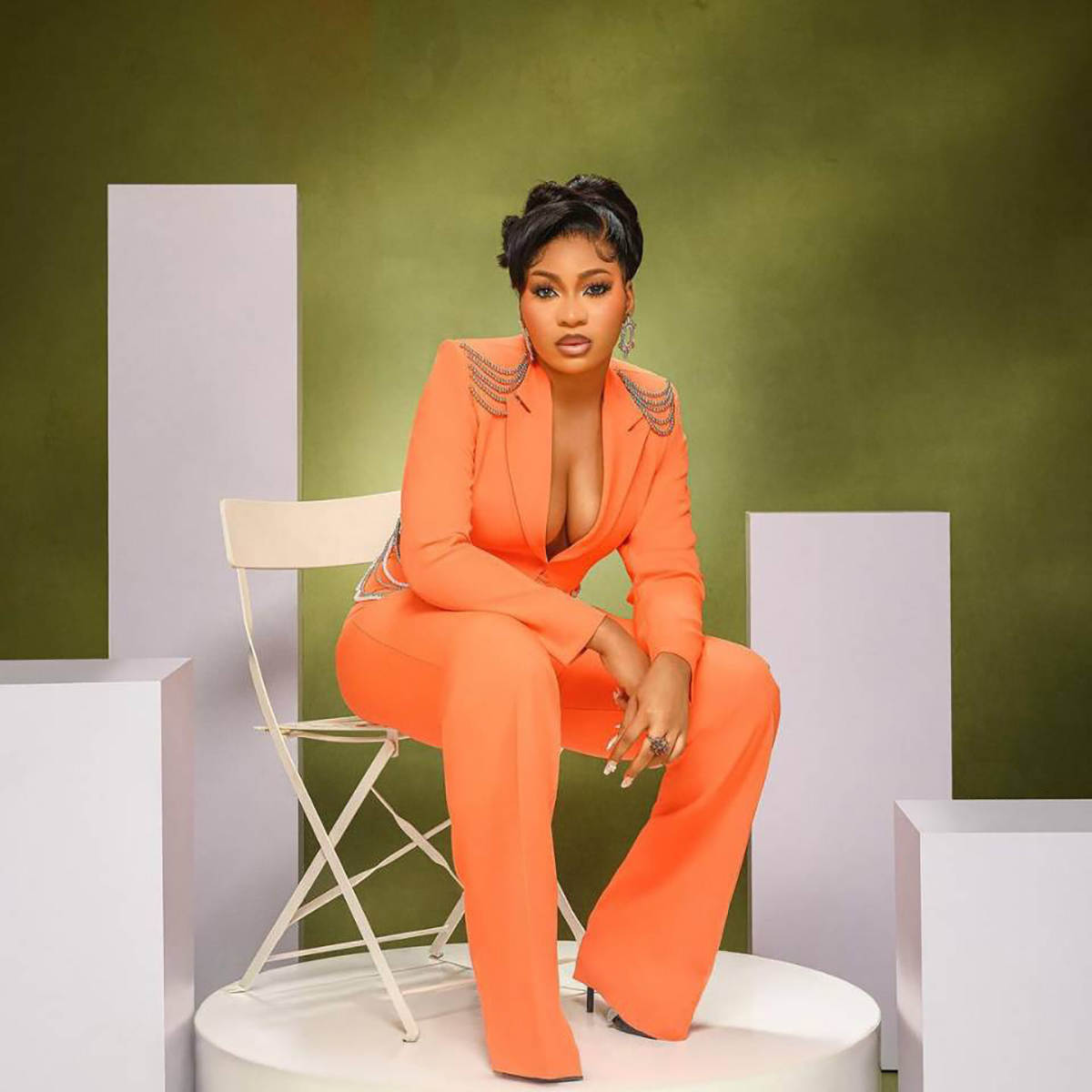 Orange Sexy Customized 2 Pieces Women Suits Crystal Beading Jacket Blazers Slim Fit Fashion Evening Party Show Wear