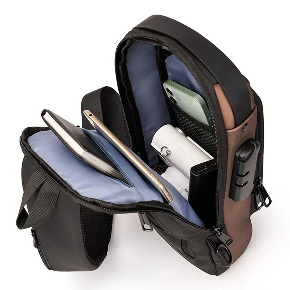 NEW Men Fashion Chest Anti-Theft Tape Portable Backpack With USB Charging Port Male PU Shoulder Outdoor Sports Crossbody Bag