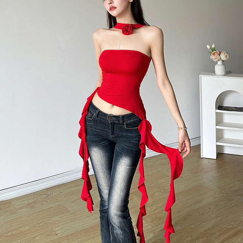 2024 Summer New Women's Fashion Solid Color Sexy Halter Neck Crop Top Strapless Bustier 84a