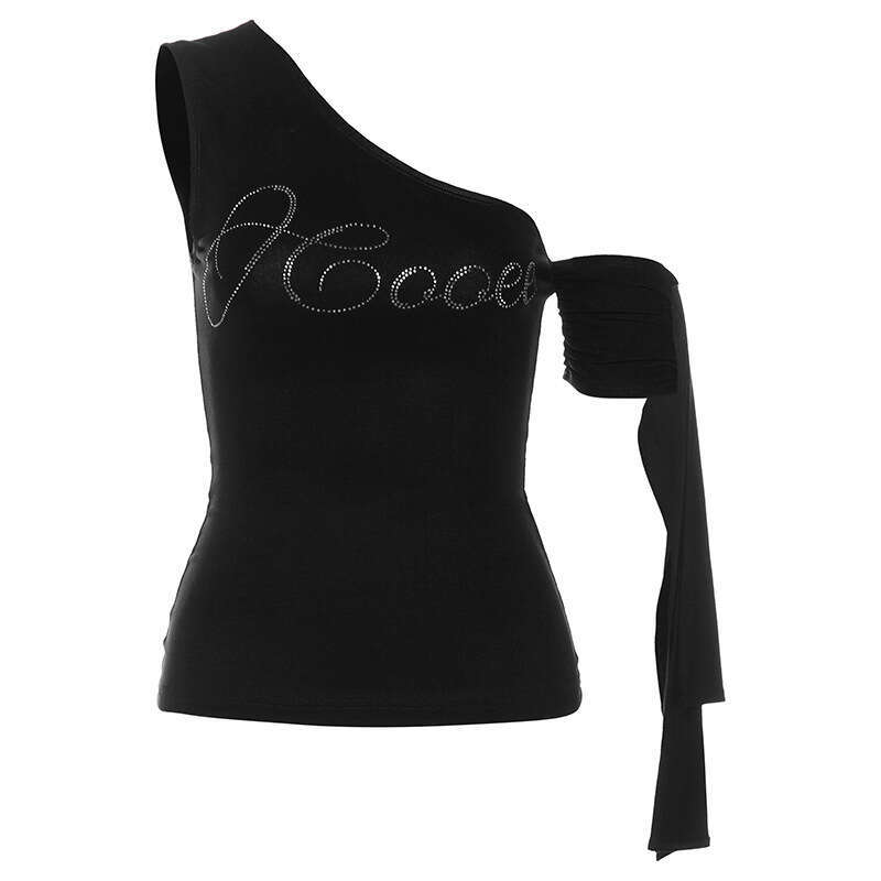 2025 Spring New Women's Fashion Solid Color Slim Fit Fashionable Asymmetrical Neck Single Shoulder Rhinestone Sleeveless Vest for Women 0f7