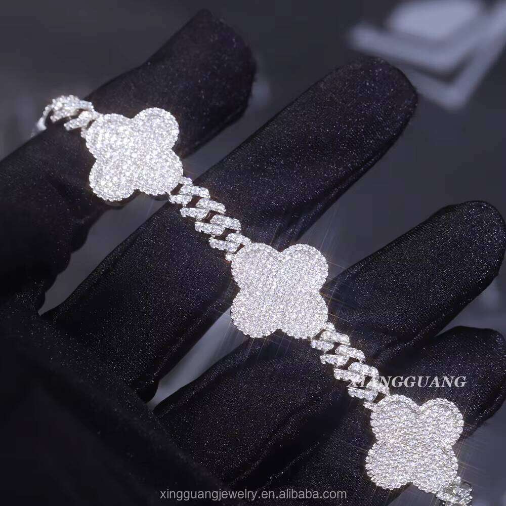 Iced Out Cuban Sterling Sier VVS Moissanite Dia Four Leaf Clover Bracelet 3mm 4mm Tennis Chain