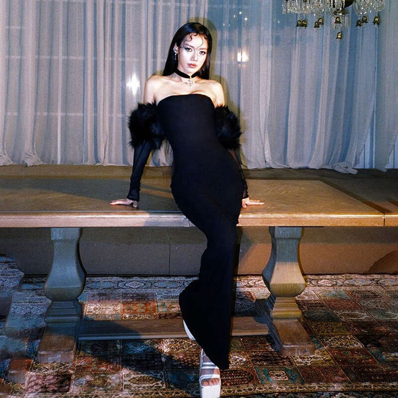 2024 Autumn New Women's Solid Color Slim High Waist Fashion Off-Shoulder Tube Dress c9b