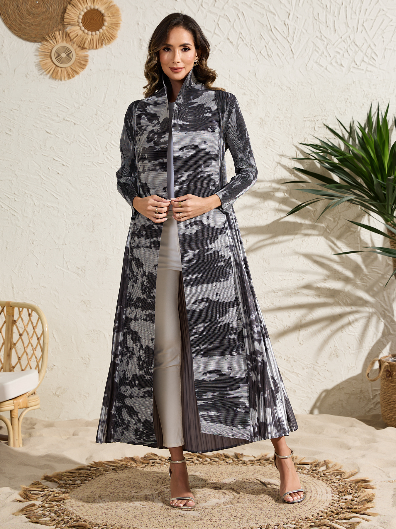 Long robe coat Ethnic Clothing The Middle Eastern printed pleated robe coat is elegant in Arab style NZ020