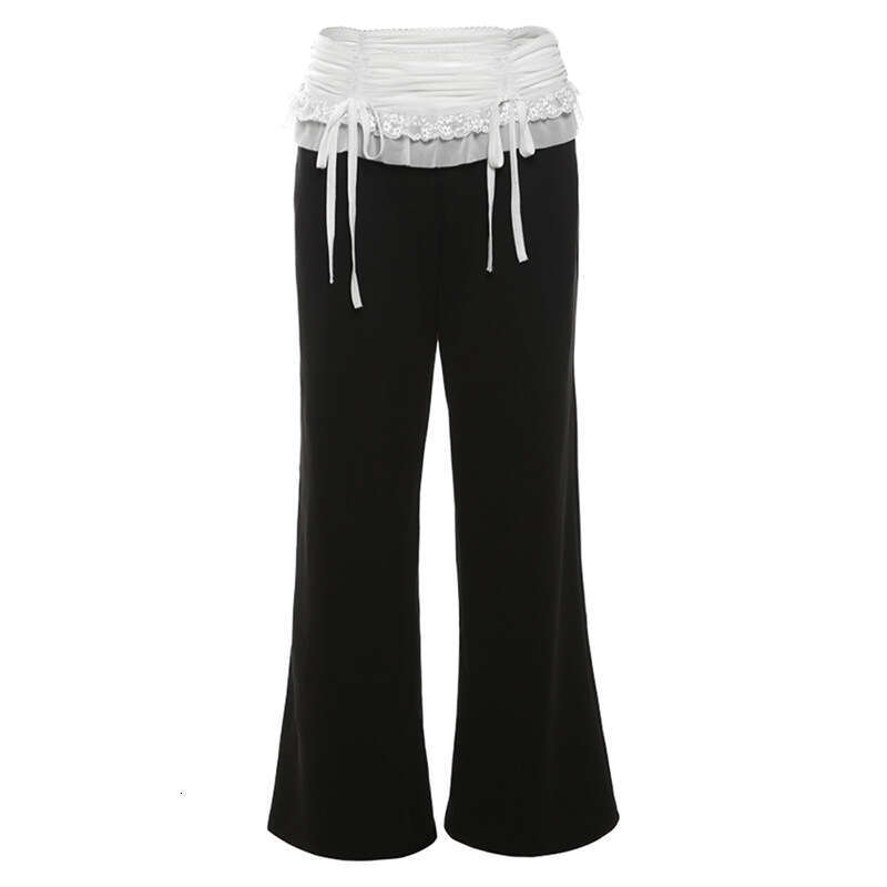 2024 Summer New Women's Street Fashion High Waist Patchwork Tie Casual Straight Pants 773