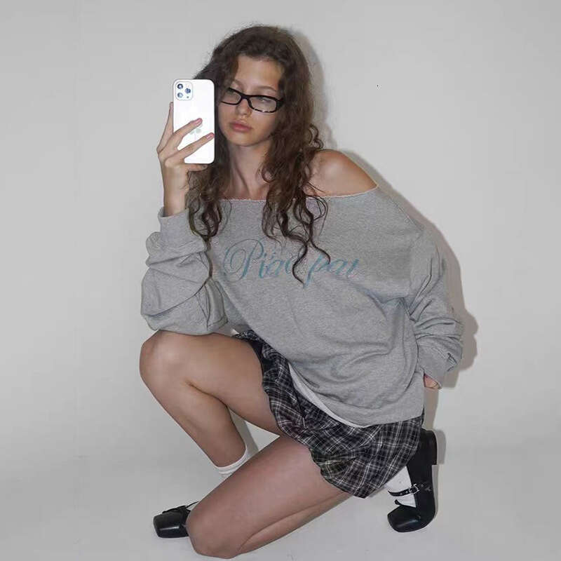 INS Style 2024 Autumn New Women's Solid Color Loose Street Fashion Asymmetrical Neck Long Sleeve Top 504