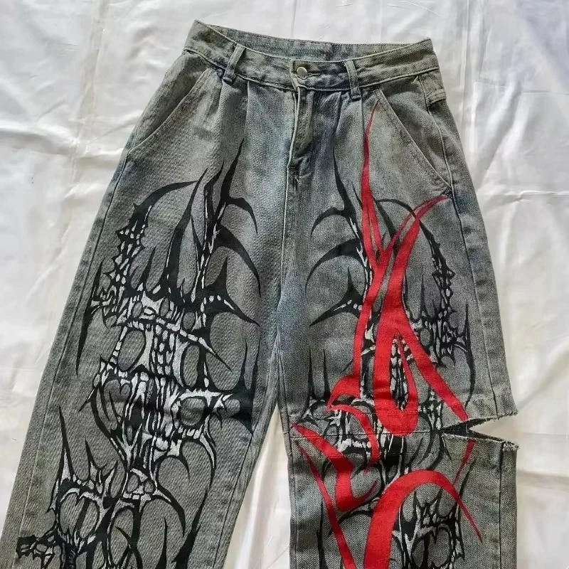 2025 American Trend Retro Hiphop Embroidery Pattern Baggy Jeans For Men And Women Y2K Harajuku Gothic Wide Pants Streetwear 250717