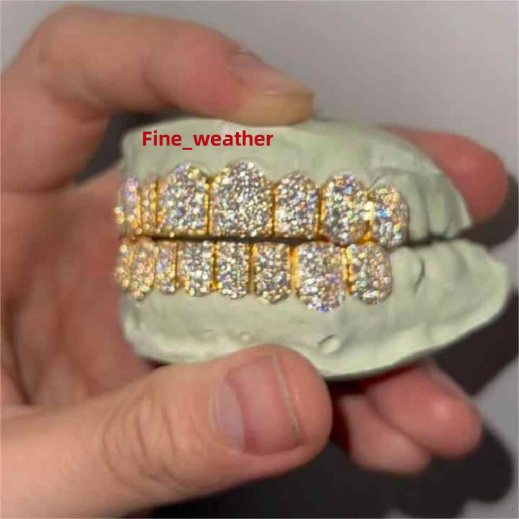 Iced Out Vvs Moissanite Grillz Fold Top Bottom by Custom Grillz Hip Hop Rapper No Fade Honey Comb 8 on 8 Moissanite Grillz