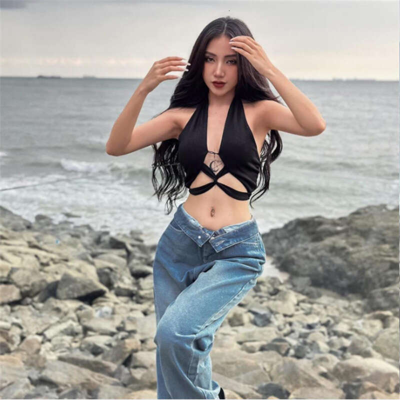 2023 Summer New Women's Solid Color Slim Street Fashion Halter Sexy Backless Tank Top 257