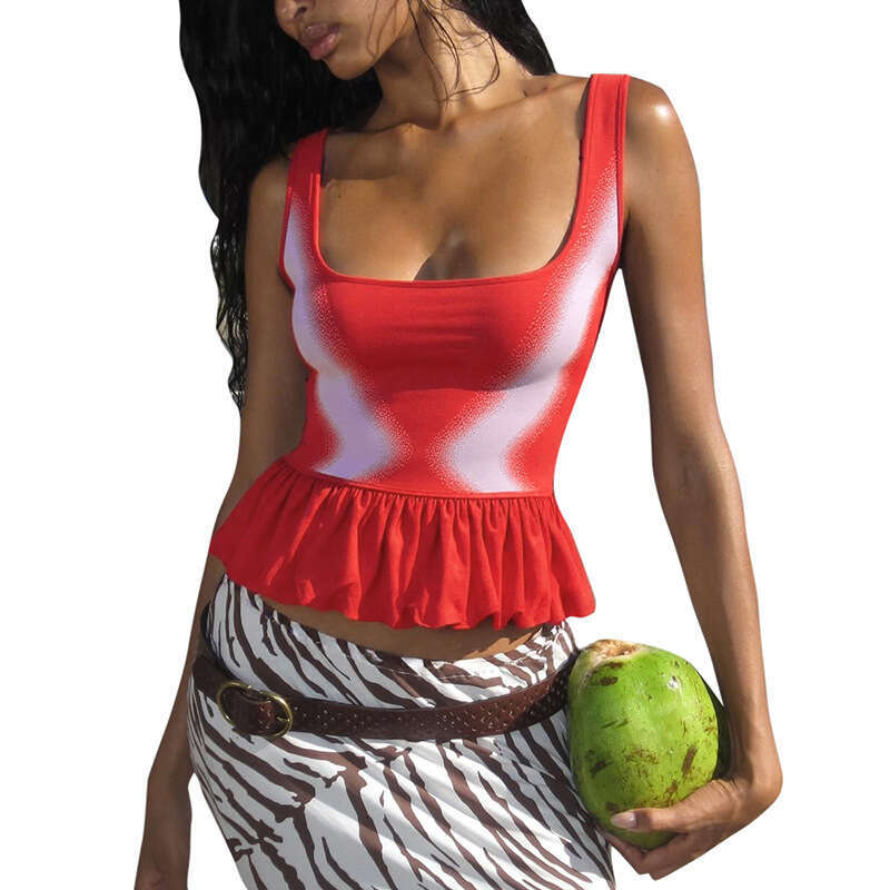 Y25tp163 Women's Summer New U-Neck Color-Block Ruffle Sexy Tank Top T-Shirt For Women B5