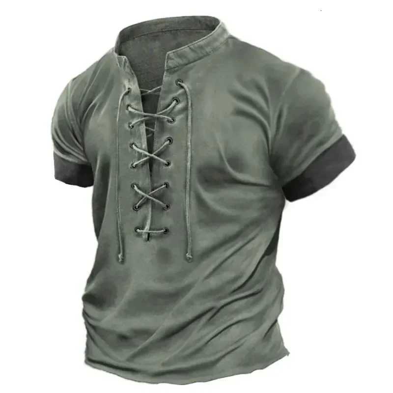 Mens Oversized T-shirt Summer Vintage Casual Lace-up Short-sleeved Tee Business Casual Mens Clothing Soft T-shirt Top Y2K Y250724