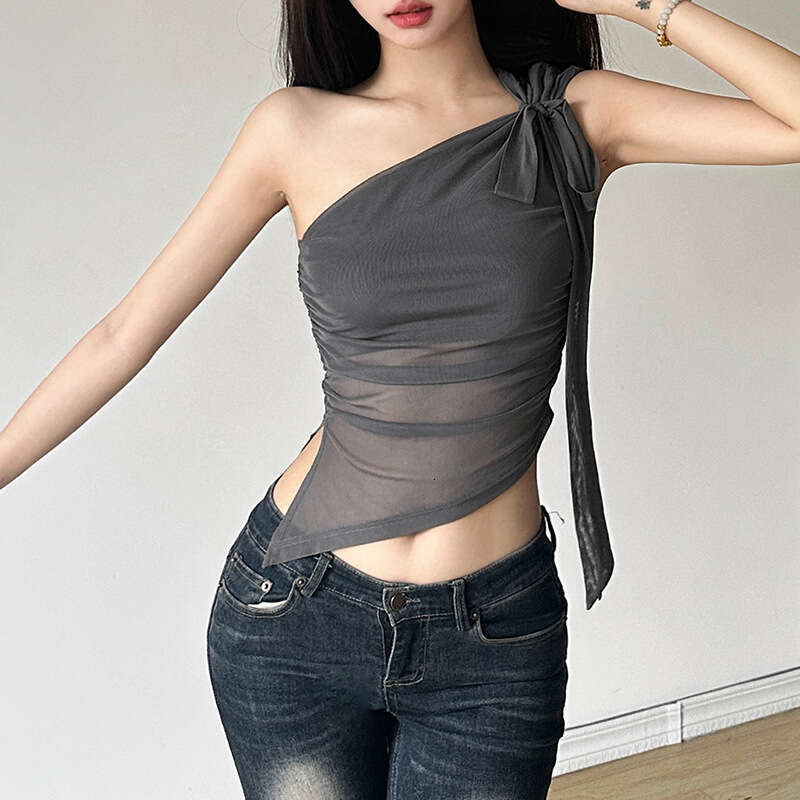 2024 Summer New Women's Solid Color Slim Street Fashion Asymmetrical Neck Mesh Sleeveless Top 009