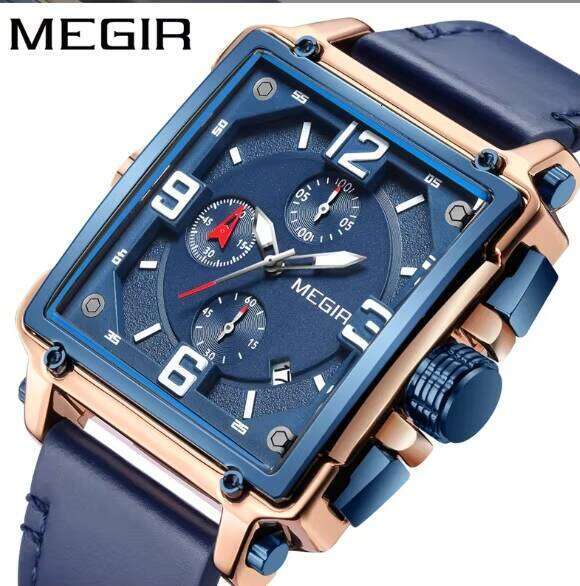 MEGIR Men's Square Chronograph Watch - Waterproof, Luminous, Leather Strap, 41mm - Bulk Wholesale Watch