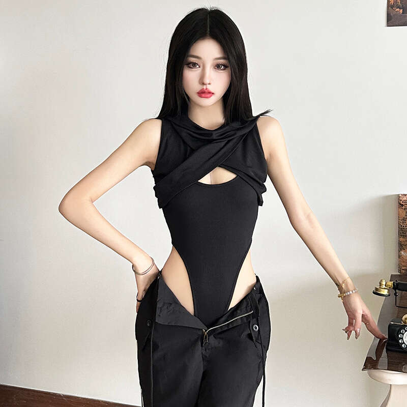 INS2024 Style Autumn Winter New Women's Solid Color Slim Street Fashion Hooded Sleeveless Jumpsuit f24