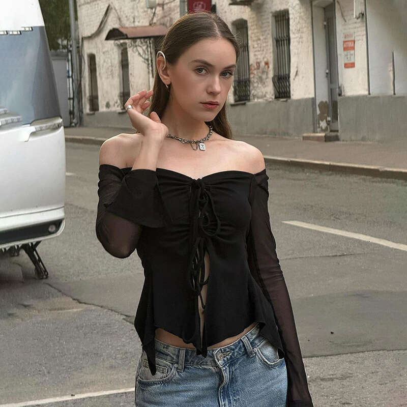 Qtp479 Women's Autumn New Solid Color Off-Shoulder Sexy Mesh Patchwork Long Sleeve Top B5
