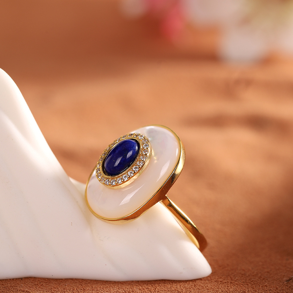 Luxurious Womens Accents: Modern Design Sterling Silver Ring Featuring Unique Shell-Inlayed Blue Gemstones