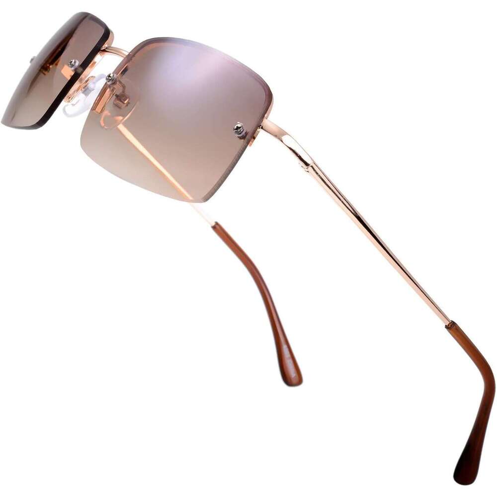 Minimalist Small Rectangular Sunglasses Clear Eyewear Spring Hinge - Gift Box Package (301-Gold, Gradient Brown, 57)
