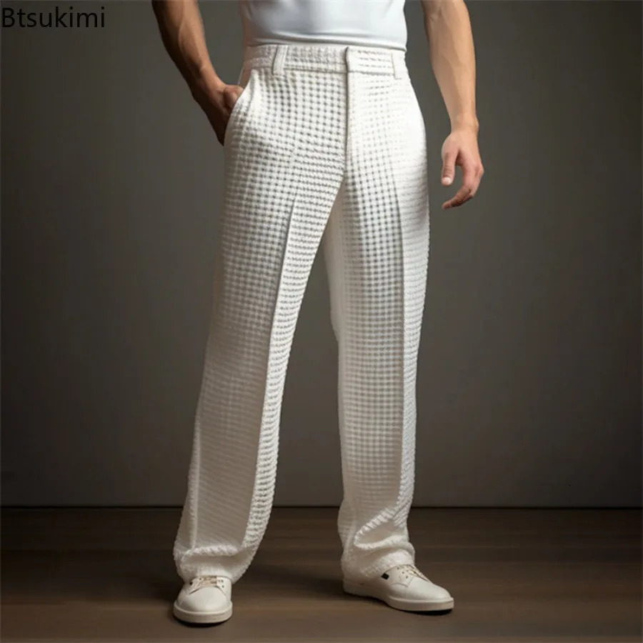 2025 Mens Elegant Waffle Suit Pants Solid Loose Straight Trousers Business Social Dress Casual Vacation for Men 250725