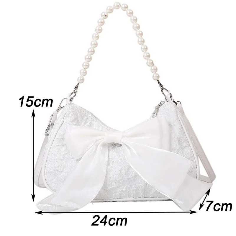 White Pleated Pearl Fem Bag Vintage Luxury Designer Handbag Cute Bow Shoulder Bag Fi Y2K Vintage Womens Purse Versatile Y250725