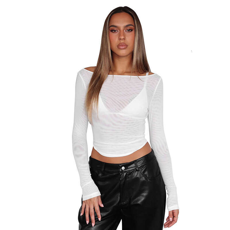 Ytp227 Women's Summer New Sheer Mesh Pullover Off-Shoulder Curved Hem Top B5