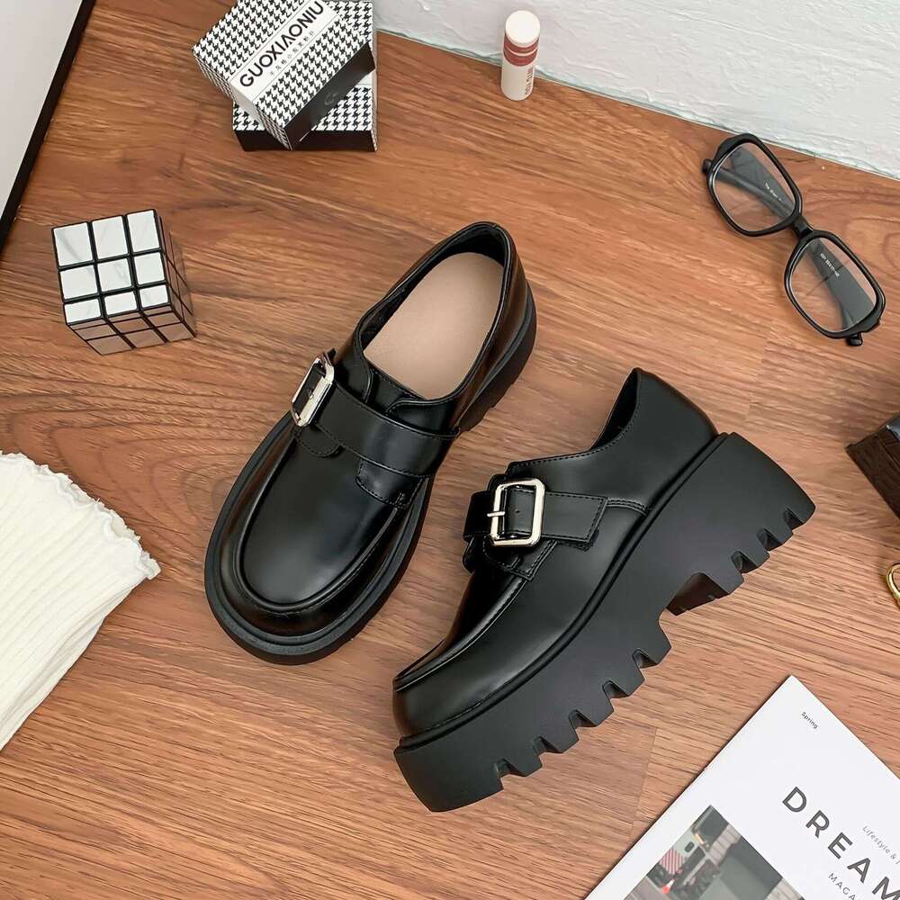 Yuanlitong 2025 Thick-Soled Loafers Korean Version Suede Uniform Leather for Women Outdoor Wear College Style Chunky Heel Shoes