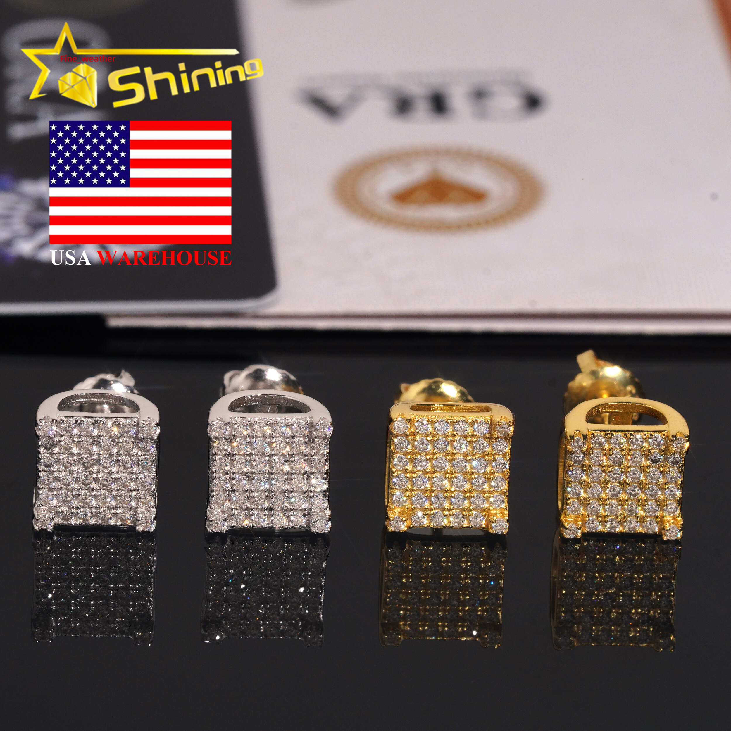 Wholesale Price Gold Plated 925 Silver 8mm Width Moissanite Earrings Hip Hop Jewelry Men Women Moissanite Ear Studs