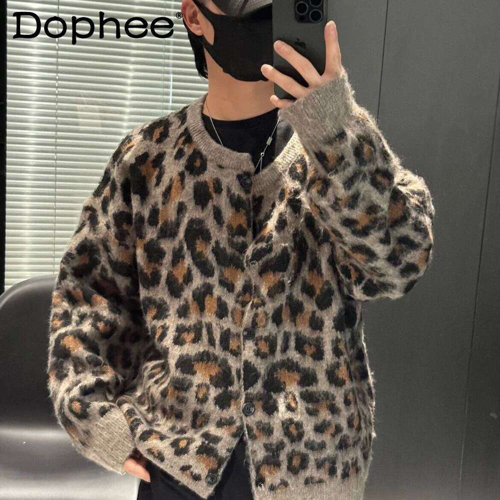 2025 Men's Women's Retro Knitwears Trendy Leopard Print Chic Long Sleeve Sweater Loose Casual Versatile Fashion Knitted Cardigan