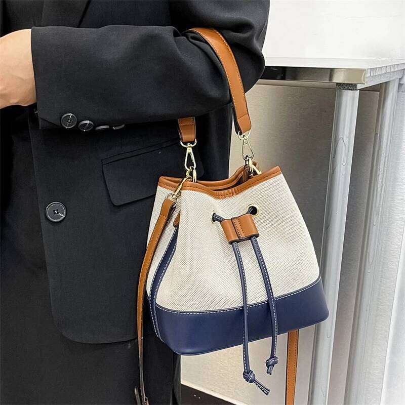 Contrast Color Drawstring Bucket for Women Autumn New Fashion Canvas Handbags Large Capacity Crossbody Tote Shopper Bag